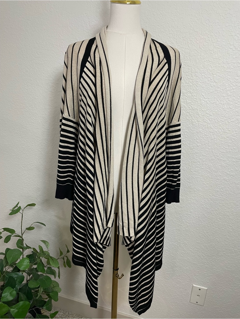 Boston Proper Black Gold Shimmer Striped Draped Cardigan Size M